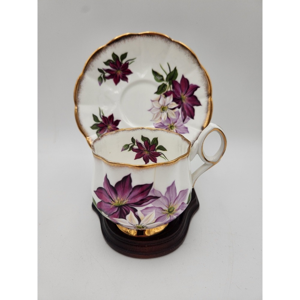 Royal Victoria English Bone China Gold Trim Teacup & Saucer Purple flowers